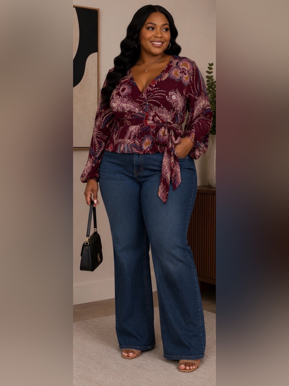Fashion Nova Burgundy Paisley Wrap Blouse